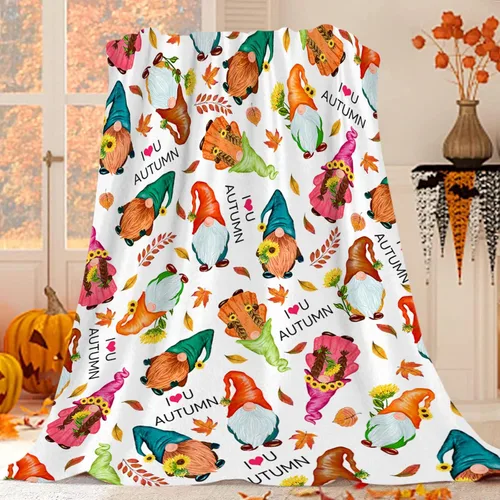 Miniatura 7 de JOOCAR Manta de franela de otoño con diseño de hojas de arce de dibujos animados, gnomo de otoño, naranja, acogedora manta de felpa suave para cama