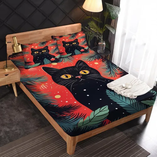 Miniatura 2 de Juego de sábanas de Navidad con diseño de gato tamaño individual, sábanas de microfibra suave y bolsillo profundo, sábanas y fundas de almohada