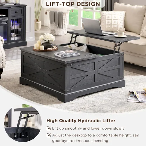 Miniatura 3 de JXQTLINGMU Farmhouse - Mesa auxiliar elevable con gran almacenamiento, mesa cuadrada de madera de 36 pulgadas con compartimento oculto, mesa