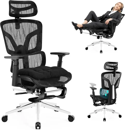 Miniatura 9 de Silla de oficina ergonómica con reposapiés, silla de oficina grande y alta, soporte lumbar ajustable de 4 niveles, bloqueo de inclinación de 155°