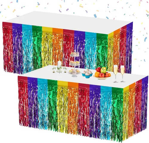 Miniatura 13 de Morcheiong Paquete de 2 faldas de mesa de oropel de papel de aluminio rosa de 29.5 x 108 pulgadas, para mesas rectangulares, cortina de fondo