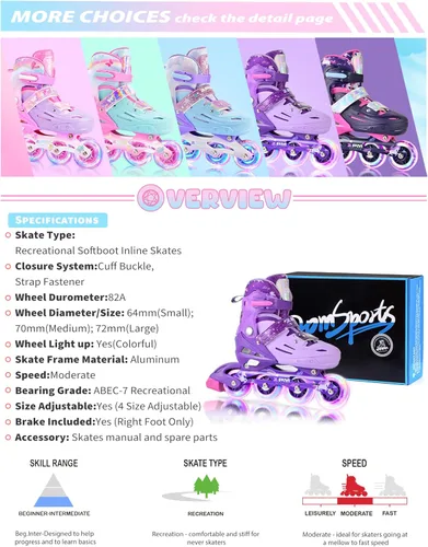 Miniatura 8 de 2PM SPORTS Patines en línea para niños y niñas de edades 5-8, 8-12, 3-5, 4-8, 6-12 con ruedas que se iluminan, patines de ruedas ajustables