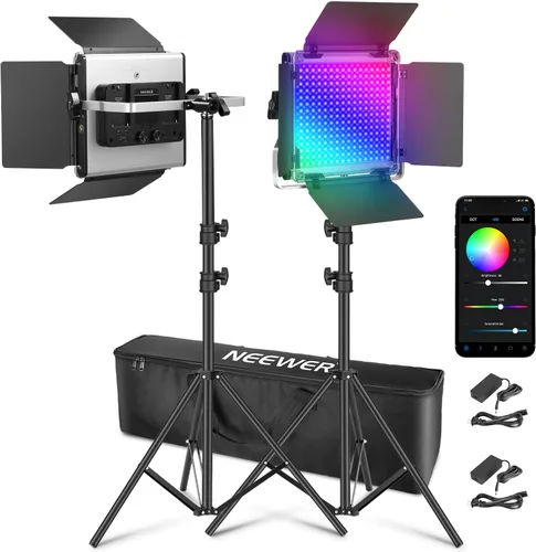 NEEWER Luz de video LED RGB 660 PRO II mejorada con control de aplicación y kit de soporte de trípode, 2 paquetes de 50 W/1% de atenuación