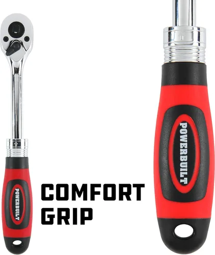 Miniatura 5 de Powerbuilt Trinquete extensible de doble tamaño, accionamiento de 1/4 y 3/8 pulgadas, 72 dientes, columpio de 5 grados, ligero, mango de goma rojo