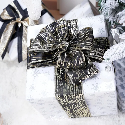 Miniatura 9 de MAYREEL Cinta de Navidad negra y dorada de 2.5 pulgadas con alambre para árboles de Navidad, coronas, adornos para la copa del árbol, manualidades
