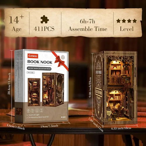 Miniatura 2 de Kit de rincón de libros – (edición clásica) – Rompecabezas de madera en miniatura de bricolaje Sala de colección de libros vintage con luces LED