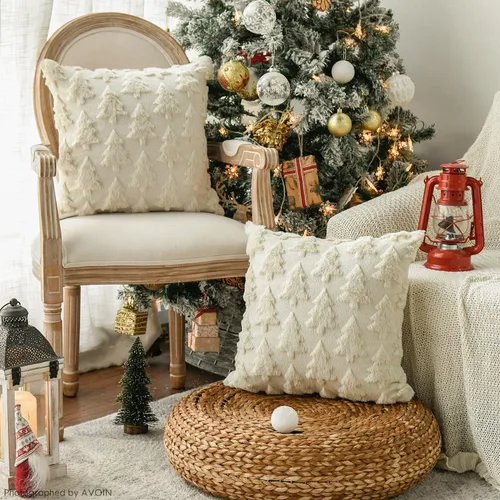 Miniatura 4 de AVOIN colorlife Juego de 2 fundas de almohada beige con árbol de Navidad, 16 x 16 pulgadas, felpa suave, piel sintética, jacquard, festivales
