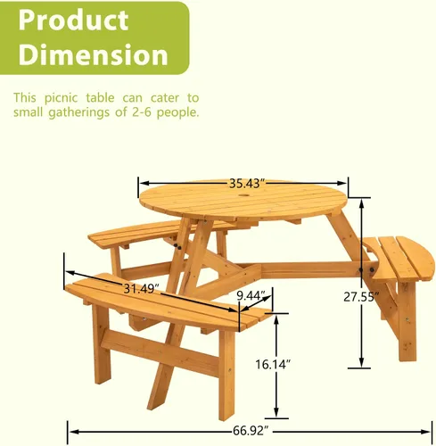 Miniatura 2 de Mesa de picnic redonda de madera para 6 personas, mesa de comedor al aire libre de 35 pulgadas con 3 bancos integrados, agujero para paraguas, mesa