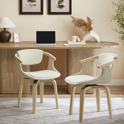 Miniatura 13 de Zouron Silla de escritorio sin ruedas, moderna silla de oficina de madera, silla de cuero sintético con brazo para sala de estar, dormitorio