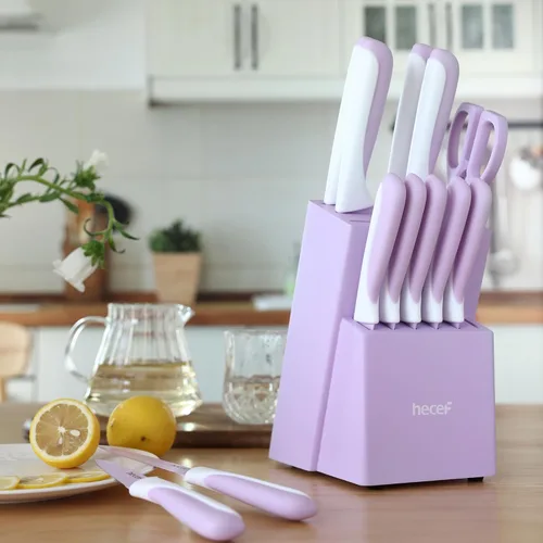 Miniatura 5 de hecef Juego de cuchillos de cocina de 15 piezas con bloque de madera afilado integrado, apto para lavavajillas, juego de bloques de cuchillos