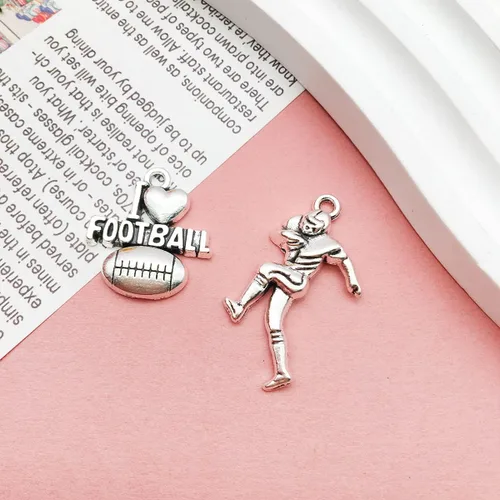 Miniatura 5 de 100 piezas de dijes deportivos de plata envejecida para hacer joyas, aleación de fútbol, béisbol, sóftbol, fútbol para manualidades de bricolaje