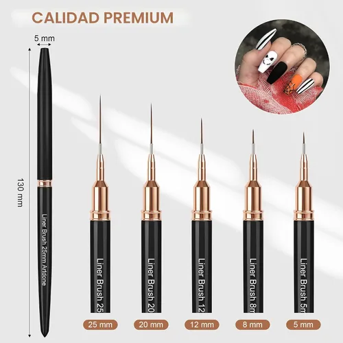 Miniatura 2 de Artdone Bolígrafos metálicos para arte de uñas, juego de 5 brochas de color negro para líneas largas, detalles finos, dibujo fino, pincel