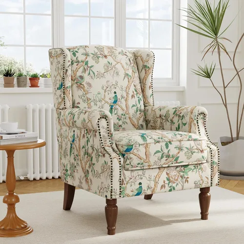 Miniatura 21 de Silla reclinable tapizada, sillón de ala floral con respaldo y reposapiés ajustables, cómoda silla decorativa para leer, sofá individual