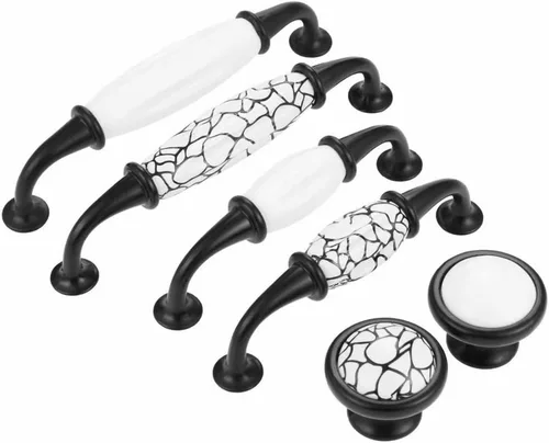 Miniatura 5 de 6 pomos de cerámica para puerta, manija de cajón de armario Shabby Chic, manija de armario blanco + negro, distancia del agujero A: 5.039 in