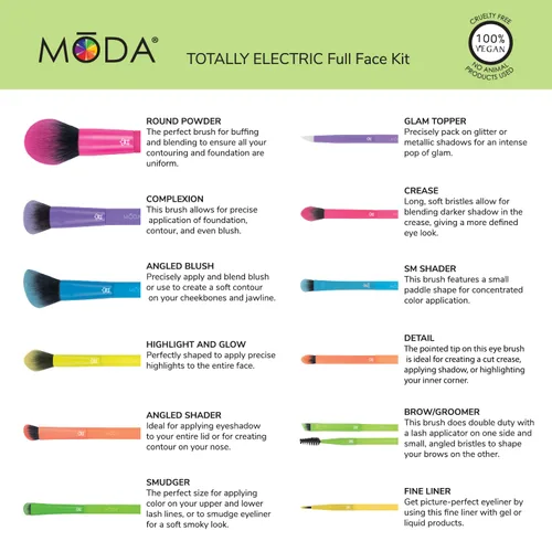 Miniatura 7 de MODA Juego de 13 brochas de maquillaje totalmente eléctricas, pinceles de neón coloridos con estuche de viaje holográfico, kit vegano de cara