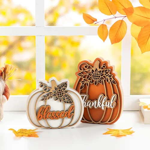 Miniatura 4 de Glitzhome Juego de 2 decoraciones de calabaza de madera de Acción de Gracias (6 pulgadas y 8 pulgadas de alto) – Decoración de mesa de granja