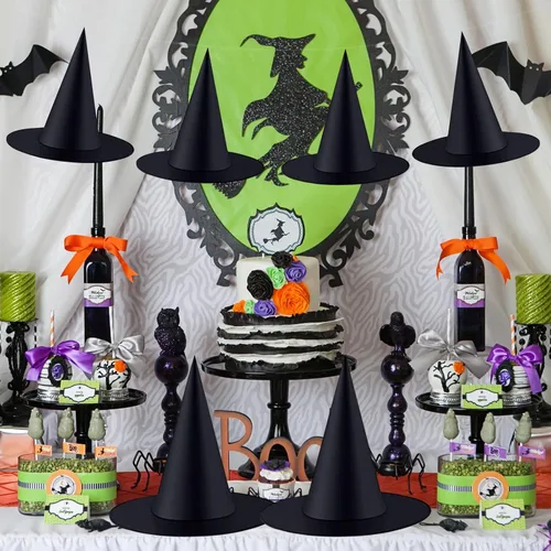 Miniatura 6 de ZeeDix 8 sombreros de bruja de Halloween para colgar en interiores, sombrero de bruja flotante negro con cuerda colgante de 98 pies, accesorios
