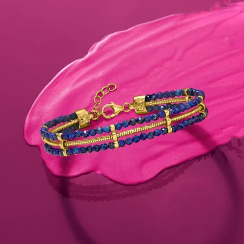 Miniatura 4 de Ross-Simons Pulsera de cuentas de lapislázuli y cadena de serpiente en oro de 18 quilates sobre esterlina. 7 pulgadas, Gema, Lapislázuli