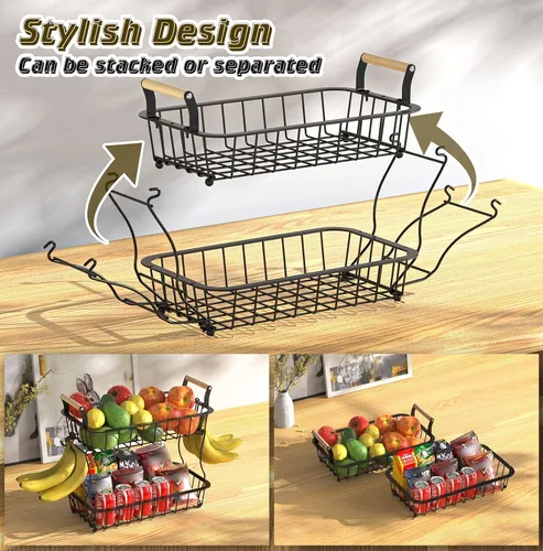 Miniatura 4 de Soporte para colgar plátanos de 2 niveles con 2 perchas, cesta grande de almacenamiento de frutas y verduras