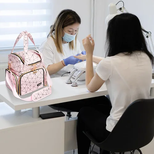 Miniatura 9 de Veirdro Bolsa organizadora de esmalte de uñas, almacenamiento de hombro de piel sintética con 2 fundas extraíbles y lámpara de uñas, capacidad