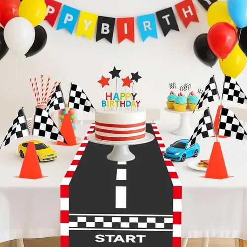 Miniatura 9 de Patimate Decoración de fiesta de cumpleaños de auto de carreras, 70 conos de tráfico con agujero, banderas a cuadros, camino de pista de carreras