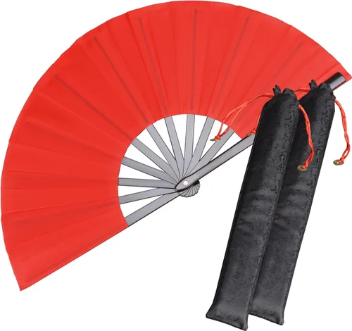 Miniatura 11 de Paquete de 2 ventiladores de mano plegables grandes, ventilador chino negro de Kung Fu Tai Chi, abanicos de tela de nailon para hombres y mujeres