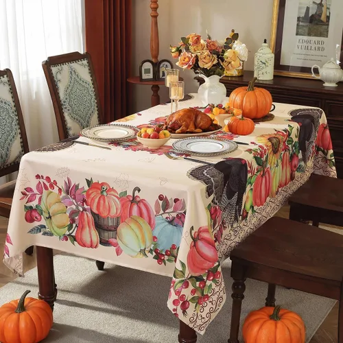 Miniatura 3 de SASTYBALE Mantel rectangular de Acción de Gracias, mantel de otoño con pavo y calabaza, lavable, resistente a las manchas, de poliéster