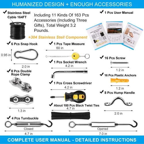 Miniatura 2 de Kit de colgar luces de cadena Newleray, alambre guía para luces de cadena al aire libre, kit de hardware para velas de sombra, con 164 pies
