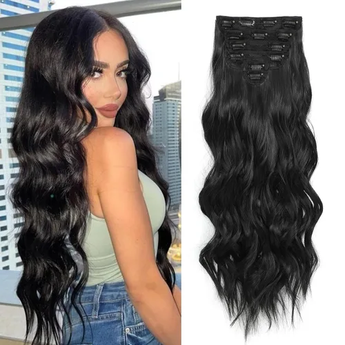 Miniatura 21 de Fliace Extensiones de cabello con clip para mujer, extensiones de cabello ondulado largo de color marrón medio, extensiones de cabello sintético