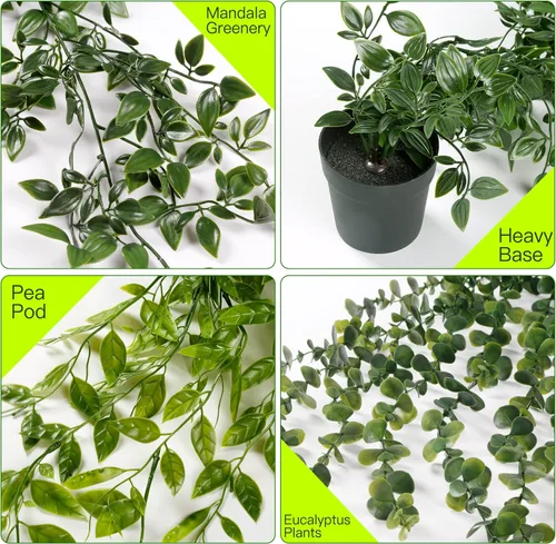 Miniatura 6 de Sggvecsy Plantas colgantes falsas, paquete de 3 plantas artificiales de eucalipto en maceta, mandala de eucalipto sintético, vainas de guisantes 3