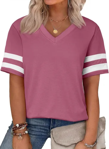 Miniatura 74 de Eytino Blusas de talla grande para mujer, cuello en V, manga corta, a rayas, casual, holgada, con bolsillo (1X-5X)