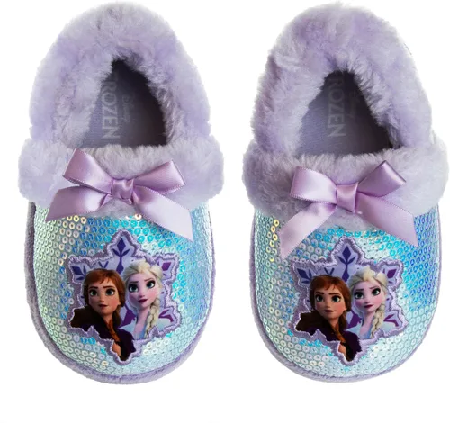 Disney Frozen Elsa and Anna Girls Slippers - Plush Non-Slip Comfy Fluffy Lightweight Warm Comfort Soft Aline Indoor House Slippers (ToddlerLittle