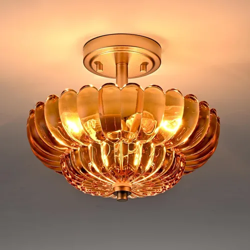 Miniatura 11 de Lámpara de techo semiempotrada, 3 luces de techo vintage modernas de cristal verde, luz cercana al techo festoneada, lámpara de techo empotrada