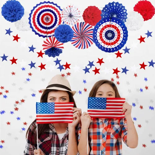 Miniatura 4 de MOVINPE Juego de decoraciones patrióticas para fiestas del 4 de julio, abanicos de papel para colgar con la bandera estadounidense, flores