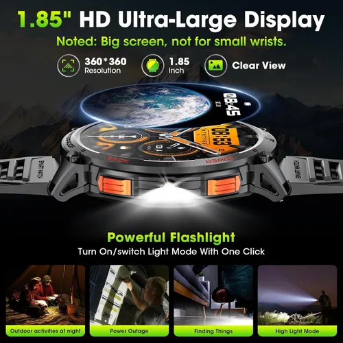 Miniatura 2 de Military Smart Watches for Men, 1.85" HD Large Screen Smart Watch, Flashlight/730mAh/110+ Sports Modes Fitness Tracker Watch, Waterproof Mens Smart
