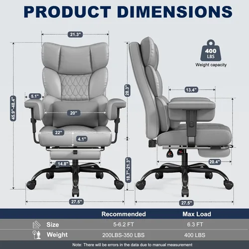 Miniatura 3 de Misolant Silla de oficina grande y alta con reposapiés, silla de escritorio ejecutiva de respaldo alto con reposabrazos de elevación ajustable, Gris