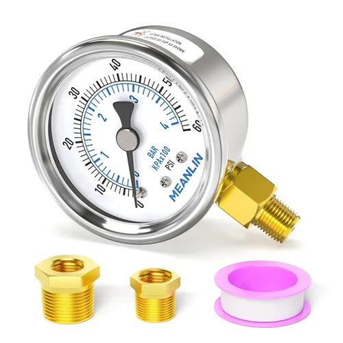 Miniatura 27 de MEANLIN MEASURE Medidor de presión en seco de acero inoxidable de 0 ~ 200 psi, esfera de cara NPT de 2 pulgadas, impermeable para compresor de aire