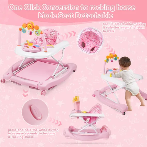 Miniatura 6 de Andador de bebé, 5 en 1 para niños y niñas de 6 a 12 meses, andadores plegables para bebés con gorila y bandeja de alimentación, música, alturas