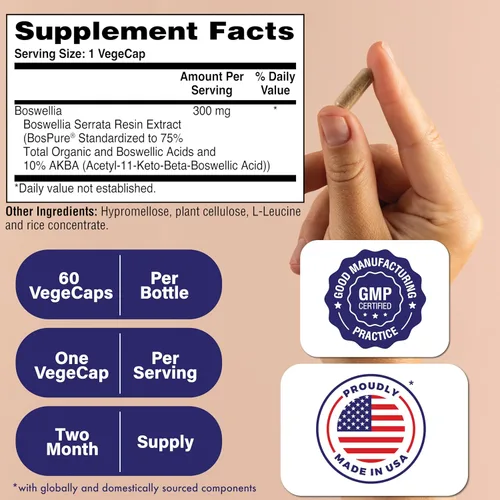 Miniatura 2 de Health Thru Nutrition Boswellia 300 mg 60 cápsulas como Bospure AKBAMAX Alta potencia 75% ácidos boswélicos 10% AKBA Apoyo de movilidad