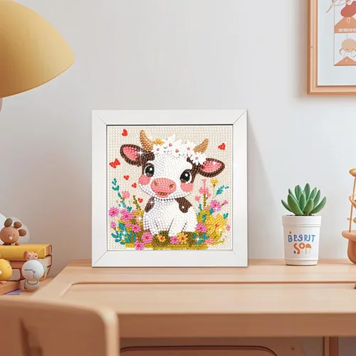 Miniatura 4 de QUITEDEW Kit de pintura de diamante de vaca con marco de madera, arte de diamantes de animales para principiantes, paquete pequeño y hermoso