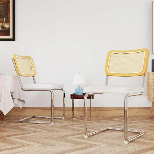 Miniatura 2 de Juego de 2 sillas de comedor de ratán, sillas modernas de mediados de siglo con patas cromadas de metal, sillas con respaldo de caña sin brazos