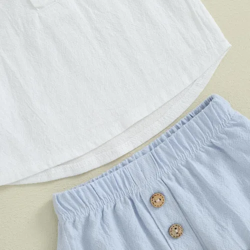 Miniatura 90 de Conjunto de ropa casual de manga corta con botones y pantalones cortos de lino para bebés y niños pequeños