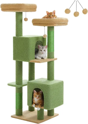 MUTTROS Árbol de cactus para gatos, torre de 52.4 pulgadas para gatos de interior, bonito árbol para gatos con 2 perchas acolchadas, 2 condominios y