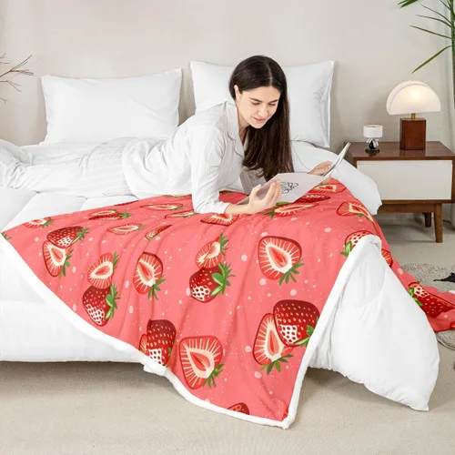 Miniatura 7 de Feelyou Manta femenina de vellón sherpa de fresa para niños y niñas, estampado de frutas tropicales, felpa rosa dulce fresa mullida para sofá