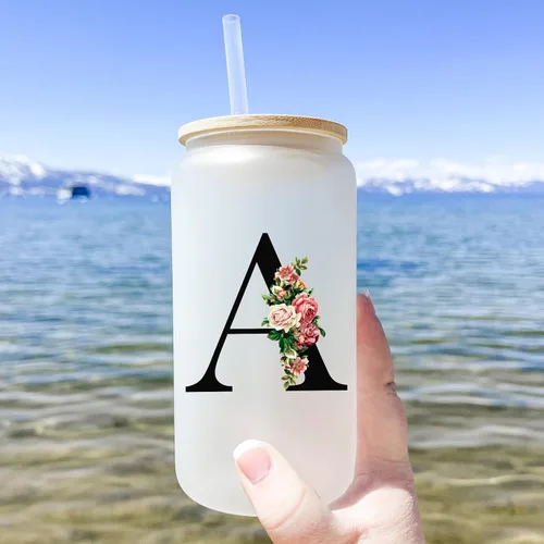 Miniatura 2 de Vasos de vidrio personalizados con tapas y pajitas, regalos con monograma para mujeres, vaso personalizado, bonita taza personalizada, cosas