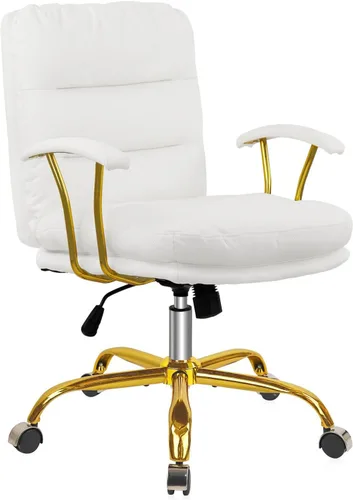 KLASIKA Silla de escritorio de cuero para oficina en casa, silla de tocador de respaldo medio, silla de maquillaje con ruedas doradas y reposabrazos