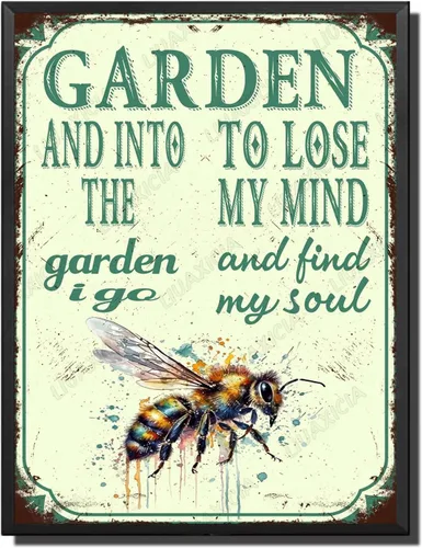 Miniatura 21 de LIUAXICIA Letreros divertidos de metal con texto en inglés "In The Garden to Lose My Mind and Find My Soul Bee Garden - Letreros de lata