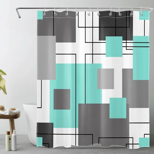 Miniatura 31 de LB Cortina de ducha geométrica a rayas grises y blancas, cortinas de ducha abstractas de mediados de siglo verde salvia para baño, 72 x 72 pulgadas