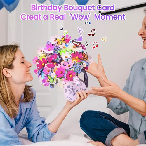Miniatura 3 de Tarjetas de cumpleaños CUISH, tarjeta de feliz cumpleaños con luz y música, Cosmos Margarita No me Olvides, tarjeta de regalo de ramo de flores 3D