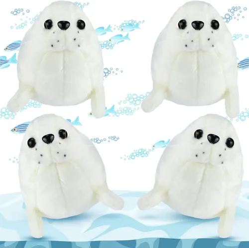 Miniatura 2 de Sosation Juego de 4 piezas de animales de peluche con sello de peluche de foca gordita blanca, lindo sello de almohada de abrazo, juego de juguetes